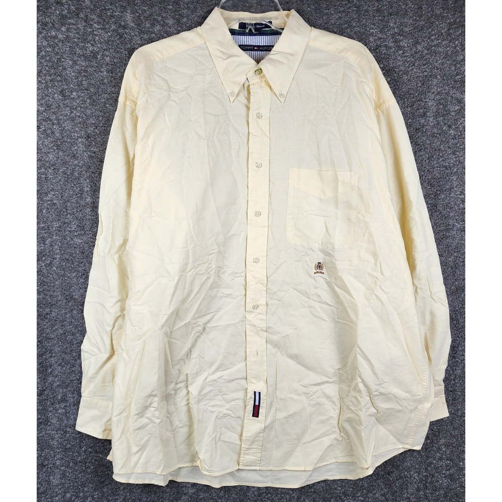 Tommy Hilfiger Button Down Mens 17.5 Yellow Oxford Crest Long Sleeve Shirt